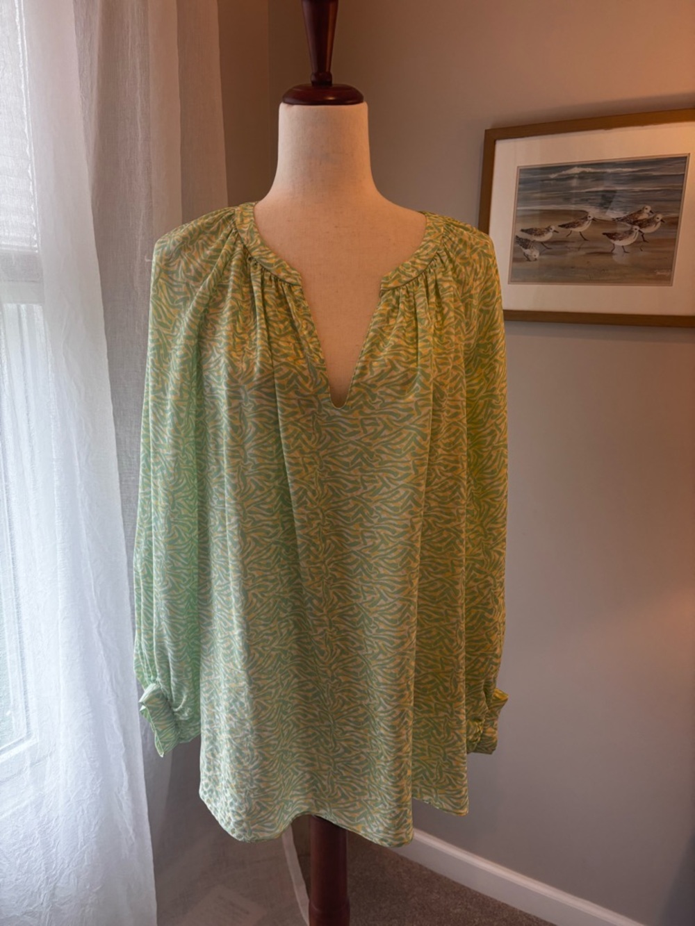 Lafayette 148 New York Green Patterned Split-Neck Tunic